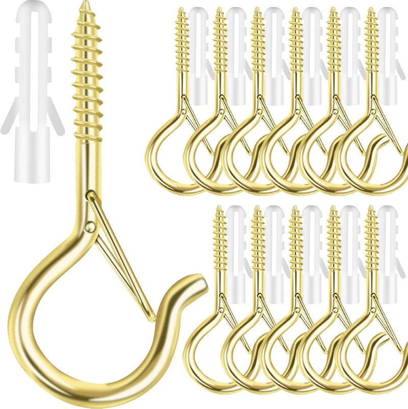 FSAH 12 PCS Q-Hanger Hooks, Screw Hooks for Outdoor String Lights, Safety Buckle Design Cup Eye Hook for Hanging Christmas Lights, Plants, Wind Chimes, Mounted on Wall Ceiling, Windproof, Gold - Image 1